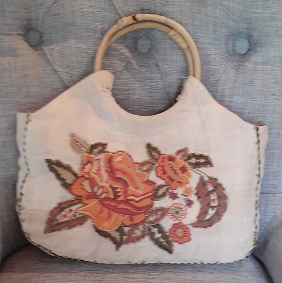 Vintage Cane Handle Hand Bag with front & rear embroidery detailing - Picture 3 of 11